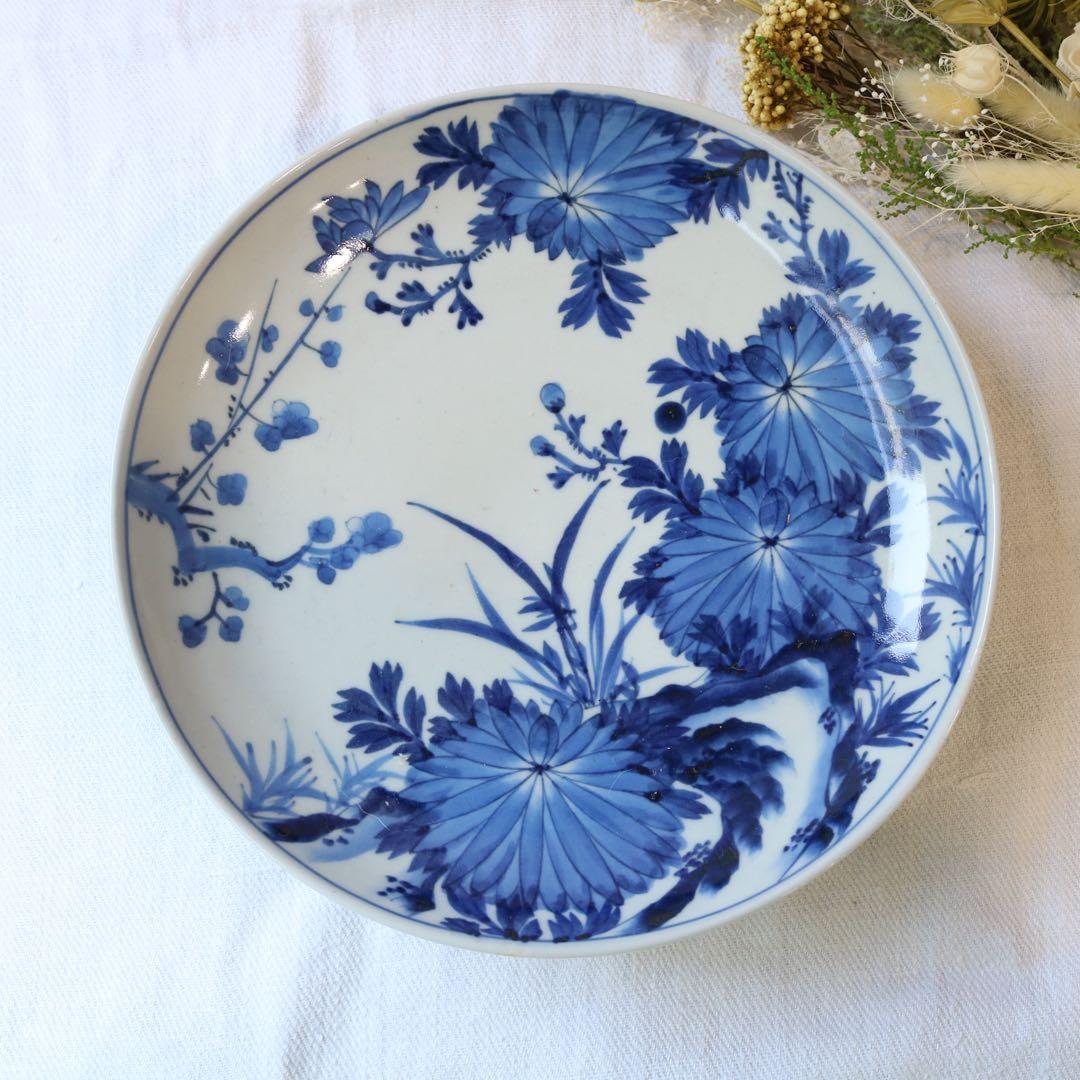 時代　染付の美しき四君子　高台皿　明治プレート盛皿大皿（骨董古美術古伊万里鍋島焼
