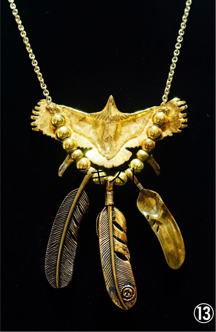 ボヘミアン風 ヴィンテージゴールドのイーグルとフェザーのハンドメイドネックレス