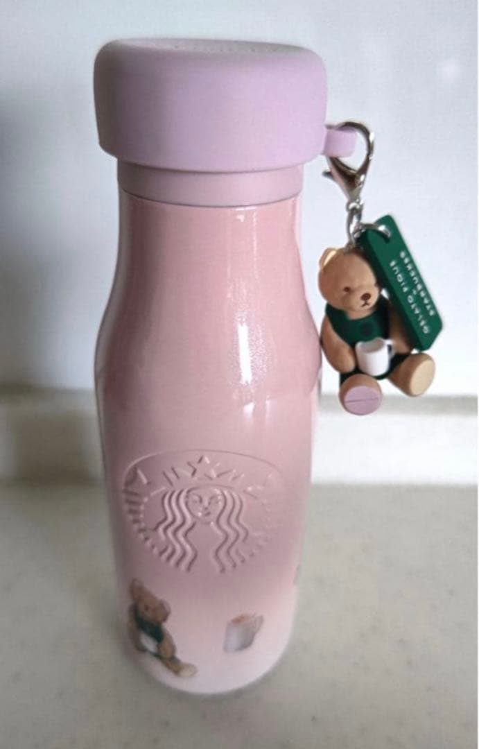 スターバックス　ジェラピケ　ベアチャーム付きステンレスボトル　ピンク