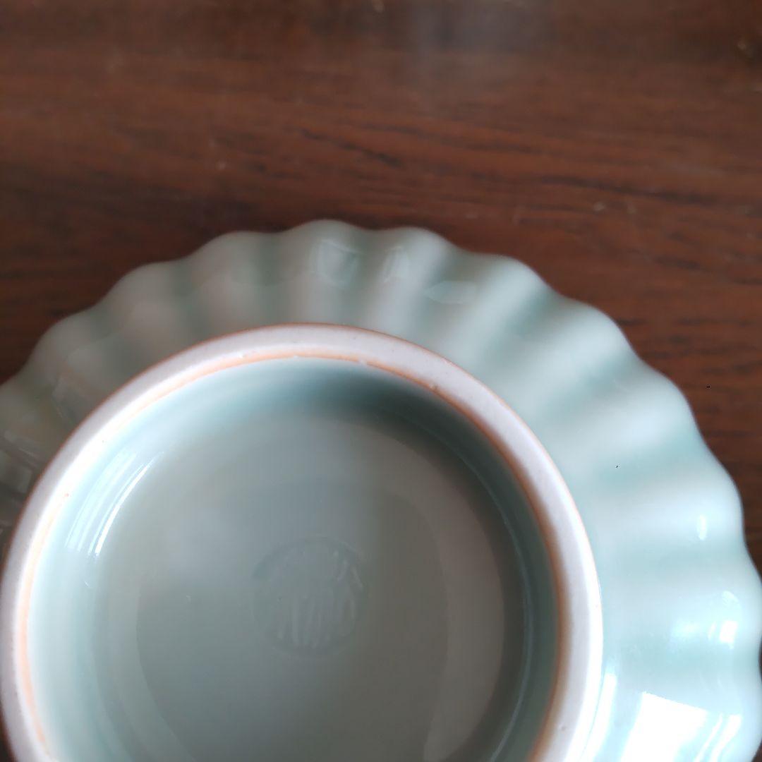 【菊型】清水焼　京焼　蓋つき煮物椀 5個セット 青磁色