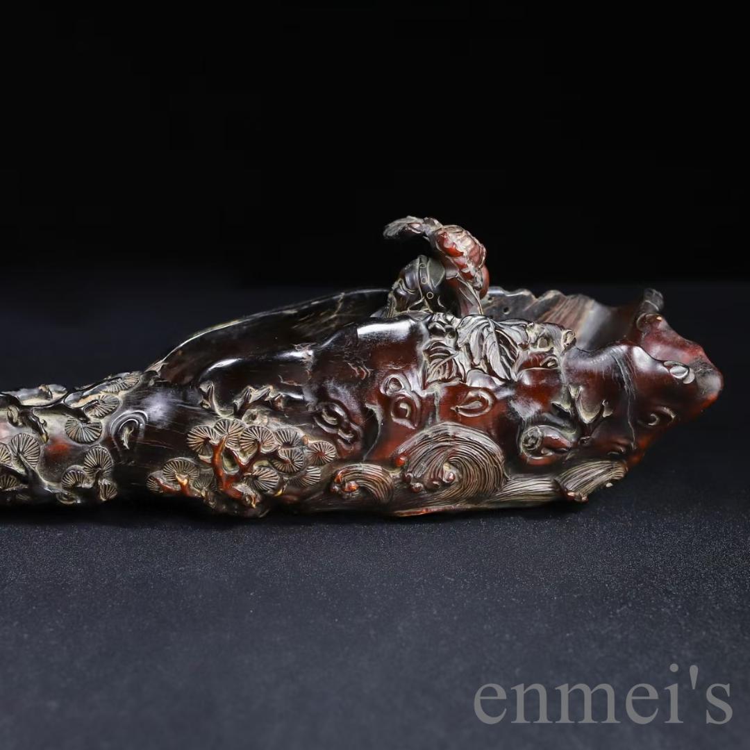 中国古美術『旧蔵 牛角彫刻 文人泛舟置物』文人趣味 極細工 古玩 骨董品 古美味