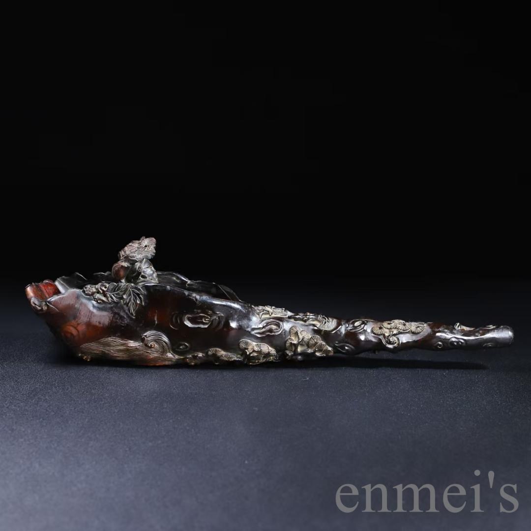 中国古美術『旧蔵 牛角彫刻 文人泛舟置物』文人趣味 極細工 古玩 骨董品 古美味