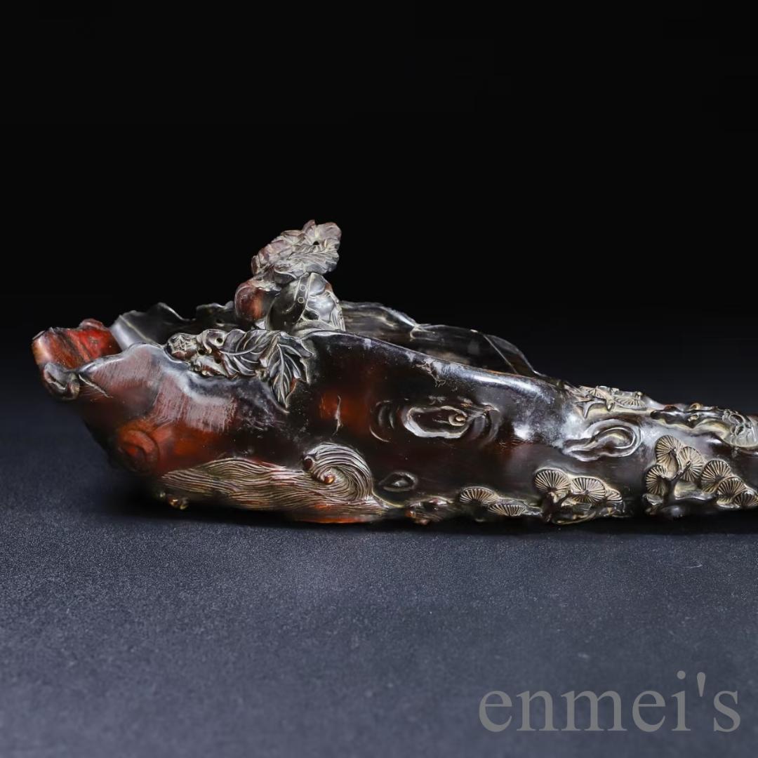 中国古美術『旧蔵 牛角彫刻 文人泛舟置物』文人趣味 極細工 古玩 骨董品 古美味