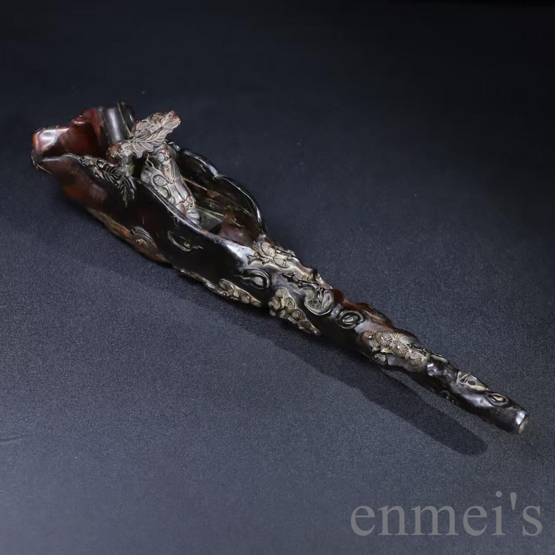 中国古美術『旧蔵 牛角彫刻 文人泛舟置物』文人趣味 極細工 古玩 骨董品 古美味