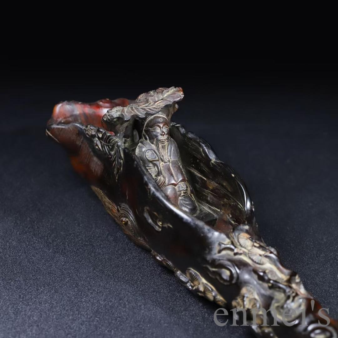 中国古美術『旧蔵 牛角彫刻 文人泛舟置物』文人趣味 極細工 古玩 骨董品 古美味