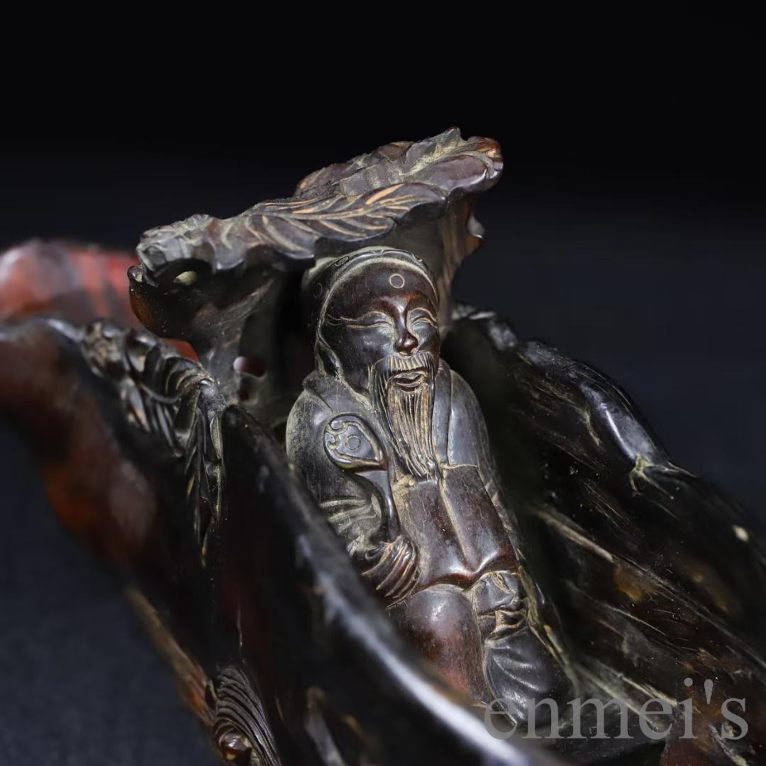 中国古美術『旧蔵 牛角彫刻 文人泛舟置物』文人趣味 極細工 古玩 骨董品 古美味