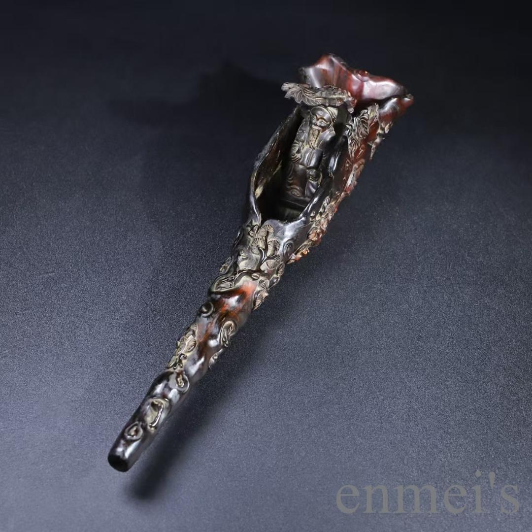 中国古美術『旧蔵 牛角彫刻 文人泛舟置物』文人趣味 極細工 古玩 骨董品 古美味