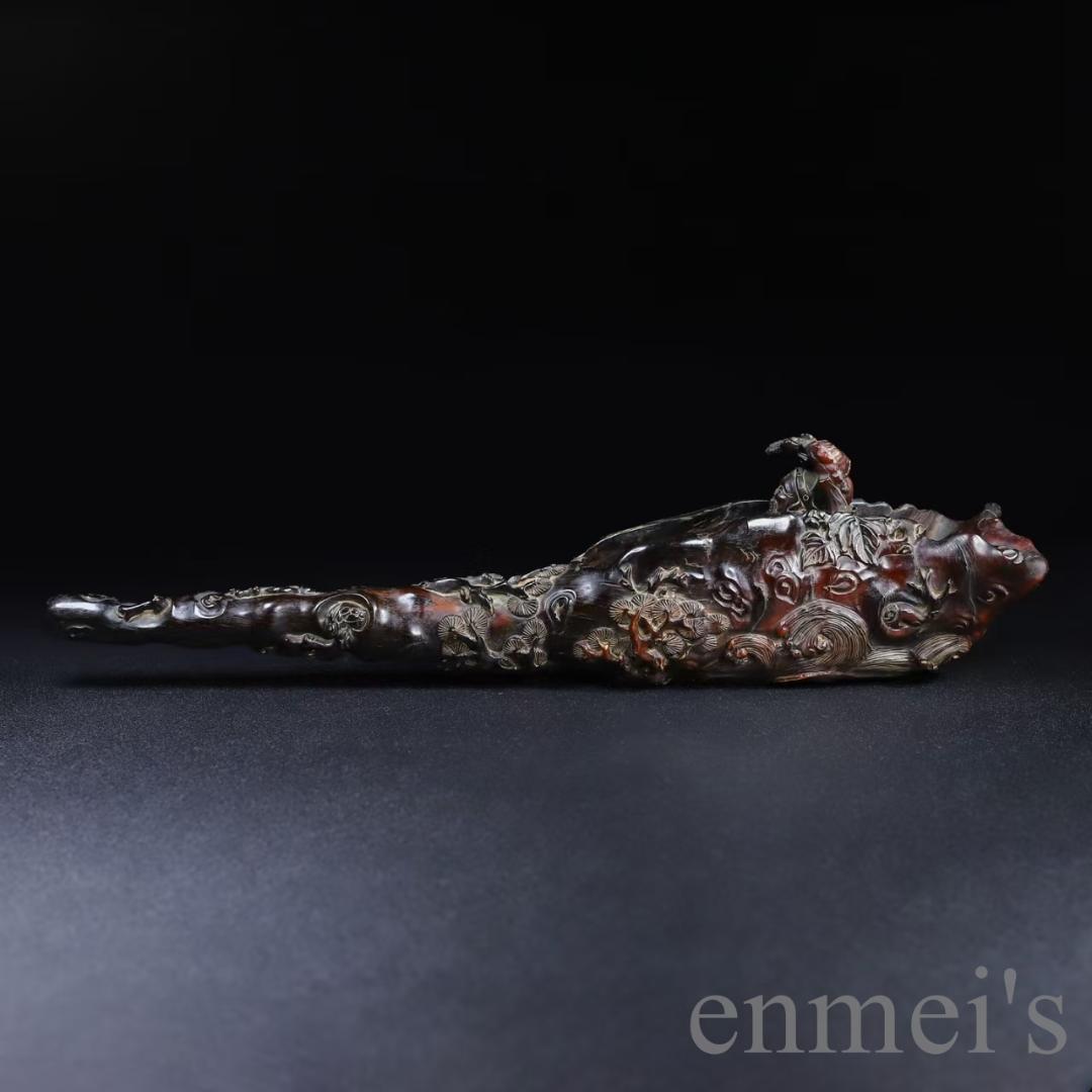 中国古美術『旧蔵 牛角彫刻 文人泛舟置物』文人趣味 極細工 古玩 骨董品 古美味