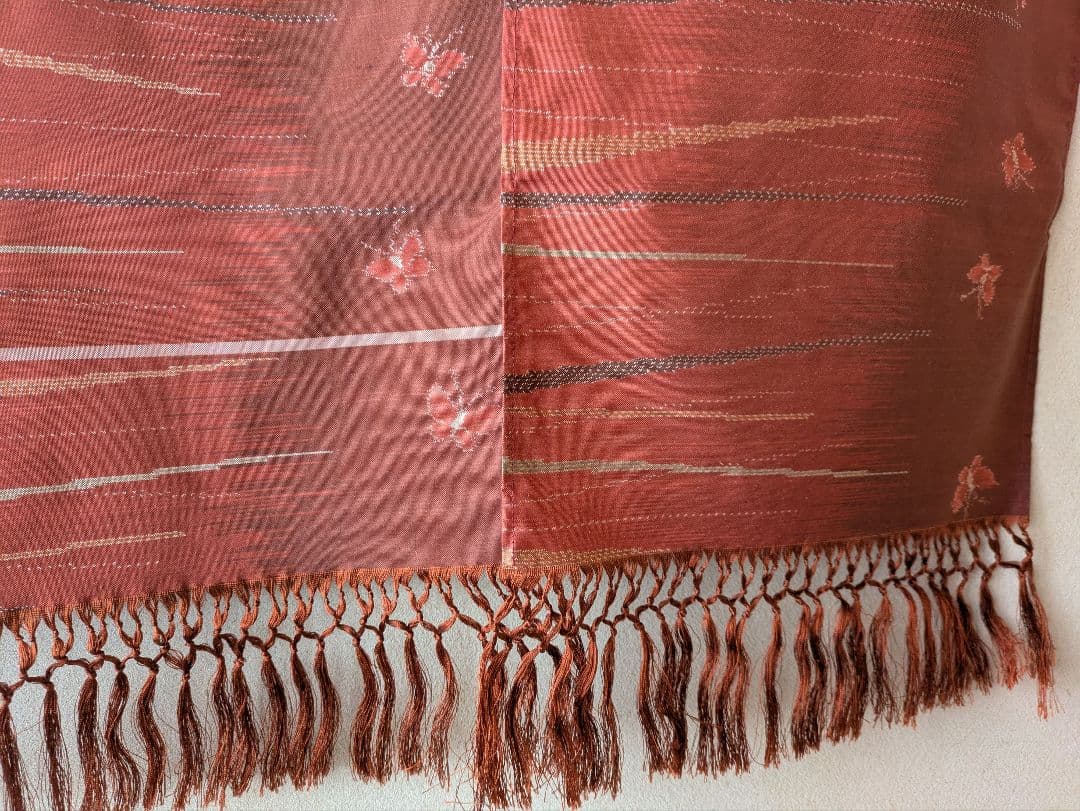 暖簾　紬　赤色 花柄３枚仕立て　フリンジ付き