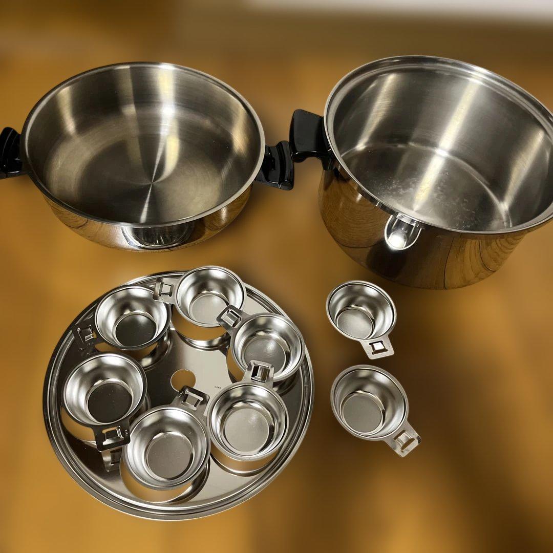 アムウェイステンレス 両手鍋 蒸し器カップ8個