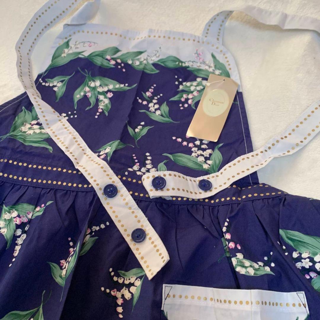 タグ付き未使用 クリスチャンディオール 花柄エプロン ネイビー