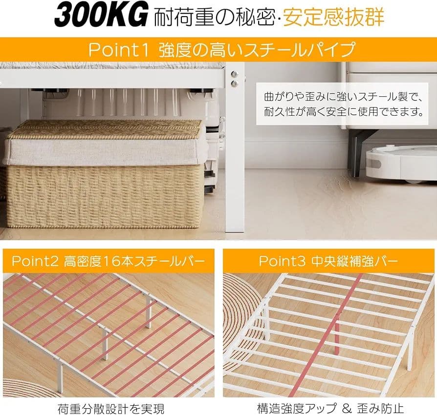 ベッドフレーム シングル 2口コンセント USB&Type-C 組立簡単 白