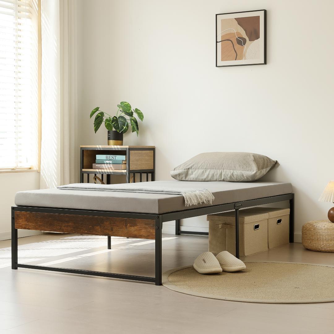 SALE！【シングル】ベッドフレーム 木製×スチール パイプベッド　BLACK