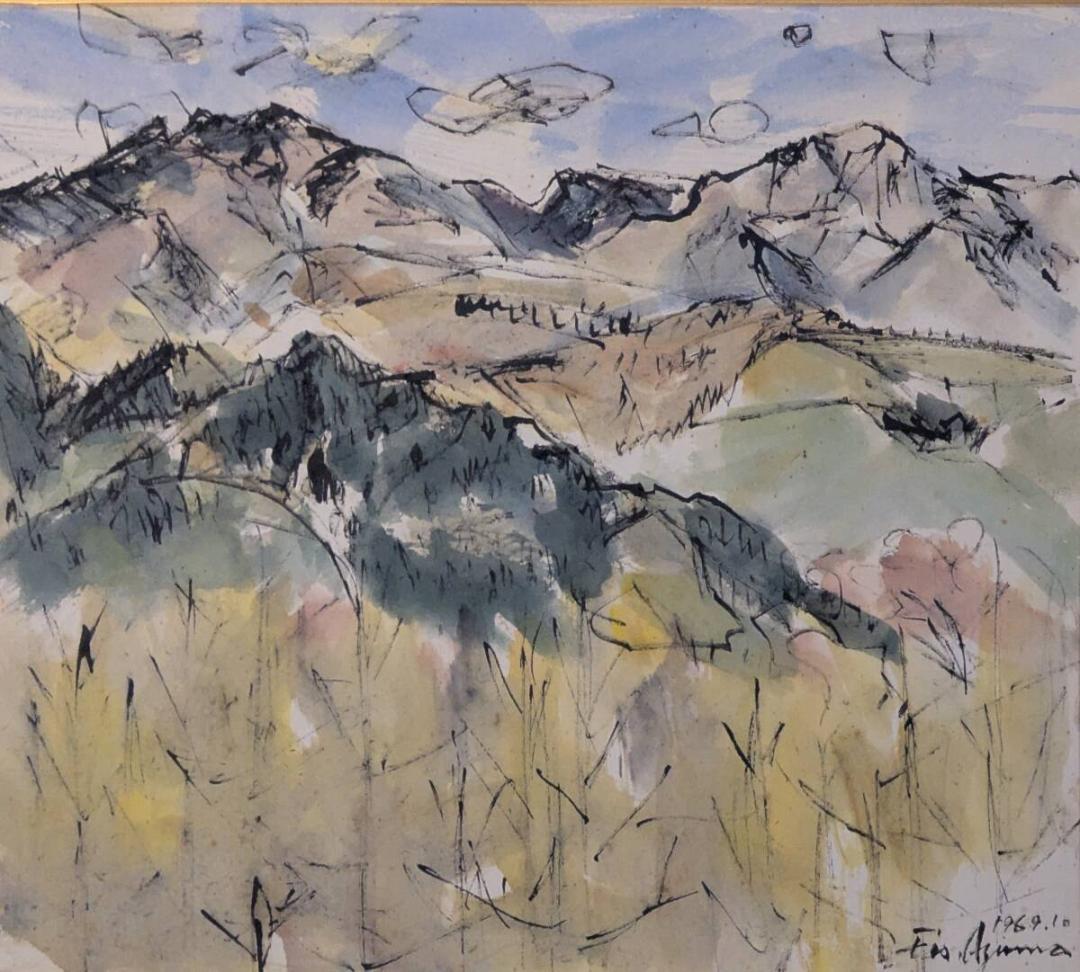 真作】絵画　我妻英策　水彩（色紙）　女峰赤薙山を望む　Z112