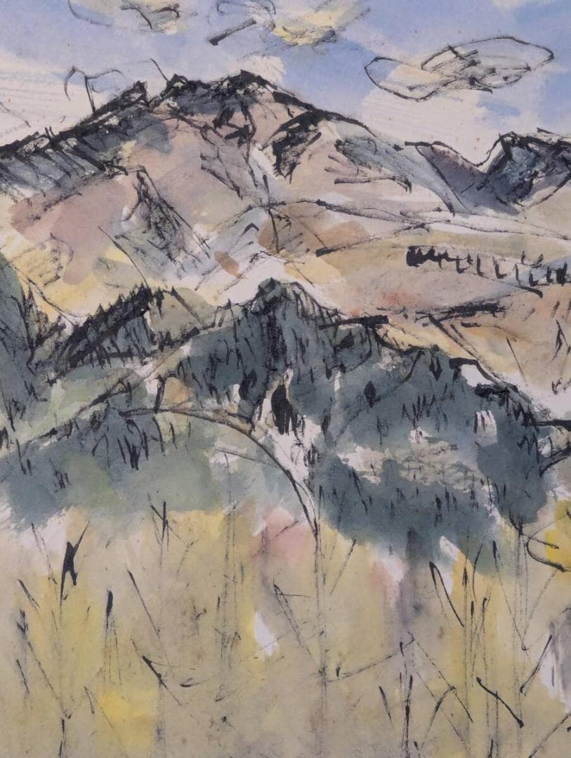 真作】絵画　我妻英策　水彩（色紙）　女峰赤薙山を望む　Z112