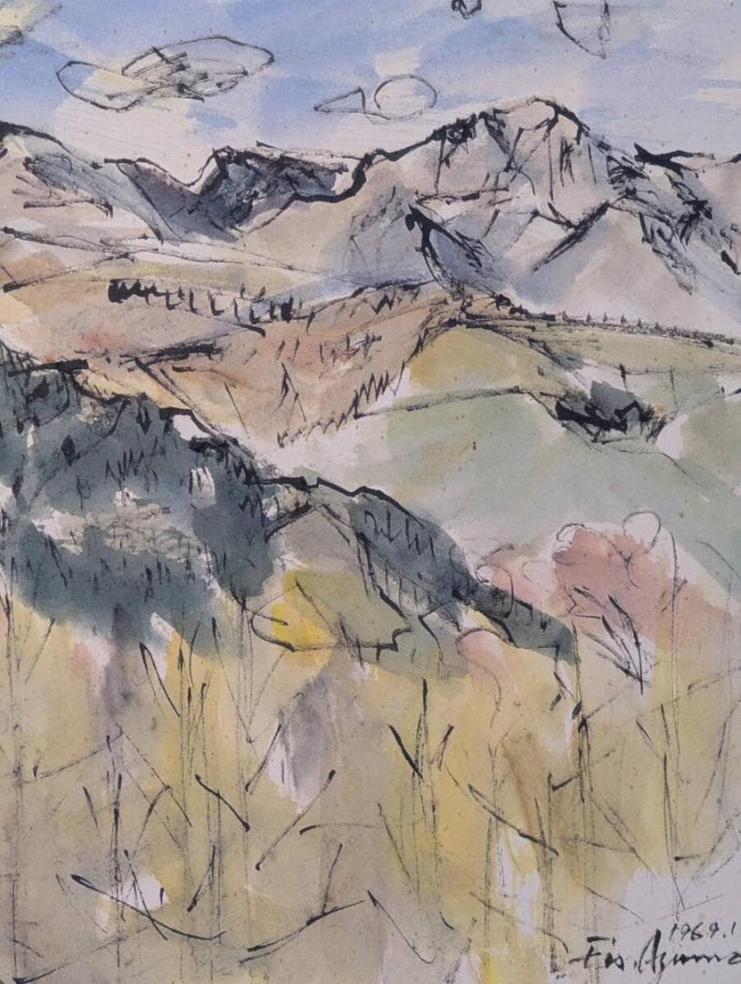 真作】絵画　我妻英策　水彩（色紙）　女峰赤薙山を望む　Z112