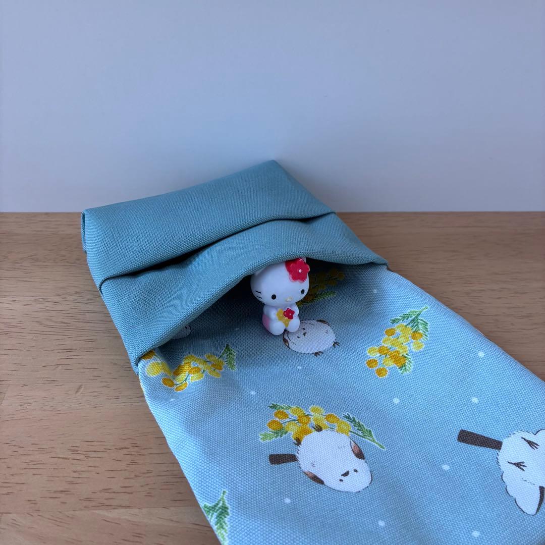 フタにファスナー☆移動ポケット☆ミモザとシマエナガ☆ブルー☆ハンドメイド