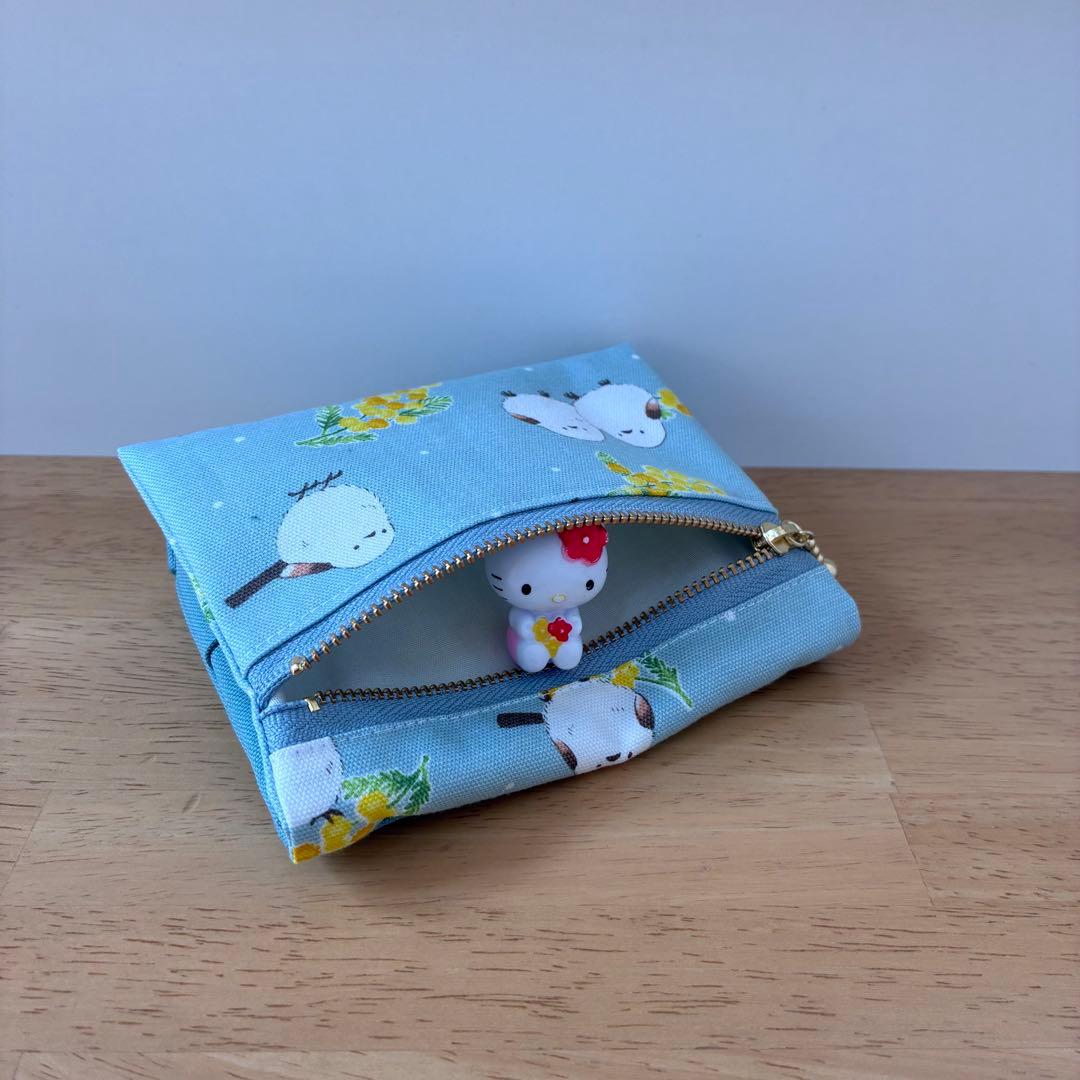 フタにファスナー☆移動ポケット☆ミモザとシマエナガ☆ブルー☆ハンドメイド