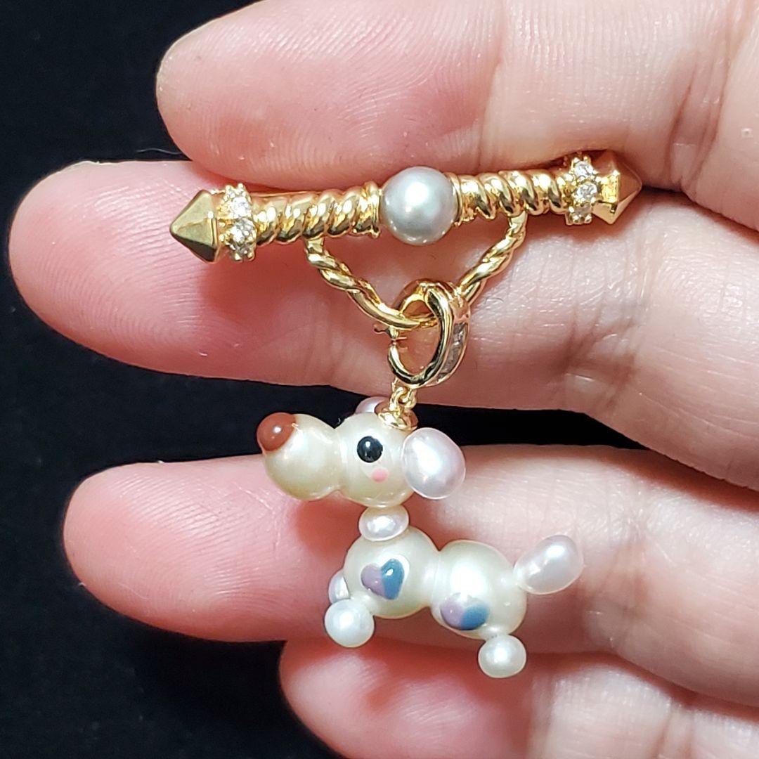 ①新品 天然 本真珠 ワンちゃん 淡水パール ペンダント ブローチ 犬 アニマル