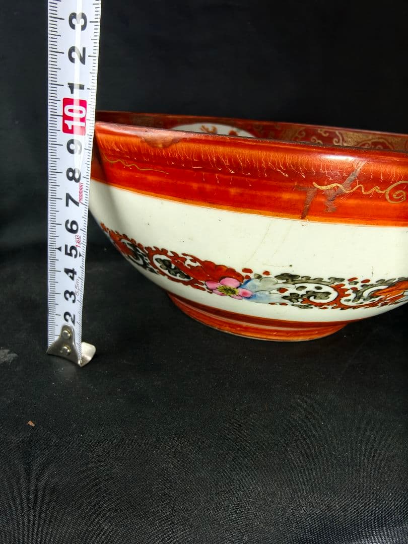 九谷焼 赤絵ボール 風景人物図 手描き 明治骨董 古美術 旧家蔵出 蒐集家放出