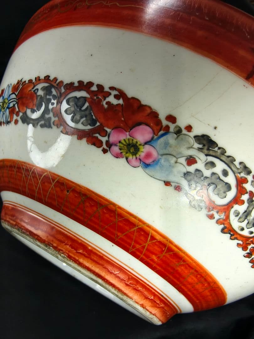 九谷焼 赤絵ボール 風景人物図 手描き 明治骨董 古美術 旧家蔵出 蒐集家放出