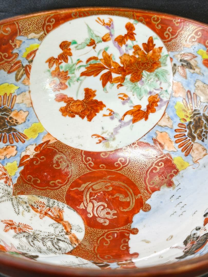 九谷焼 赤絵ボール 風景人物図 手描き 明治骨董 古美術 旧家蔵出 蒐集家放出