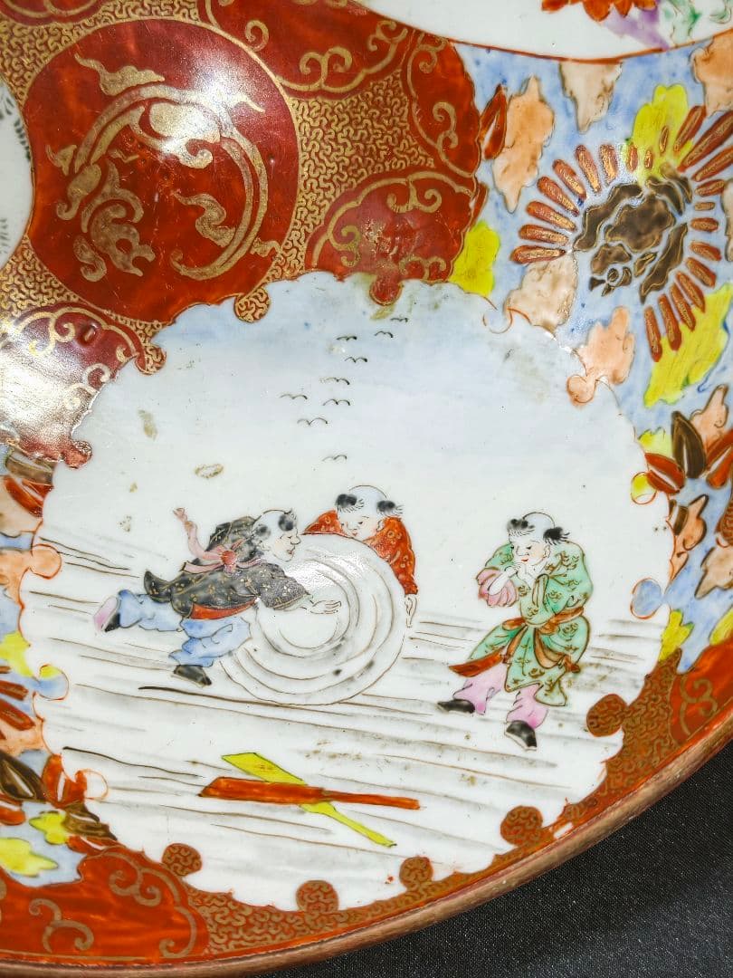 九谷焼 赤絵ボール 風景人物図 手描き 明治骨董 古美術 旧家蔵出 蒐集家放出