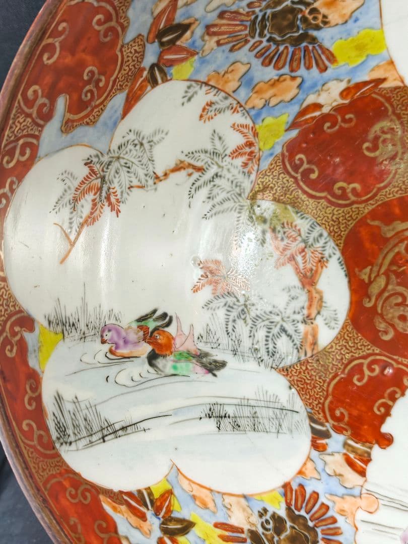 九谷焼 赤絵ボール 風景人物図 手描き 明治骨董 古美術 旧家蔵出 蒐集家放出