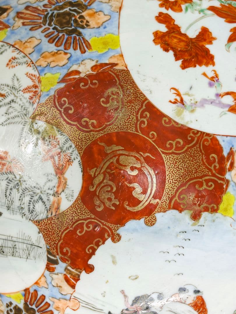 九谷焼 赤絵ボール 風景人物図 手描き 明治骨董 古美術 旧家蔵出 蒐集家放出