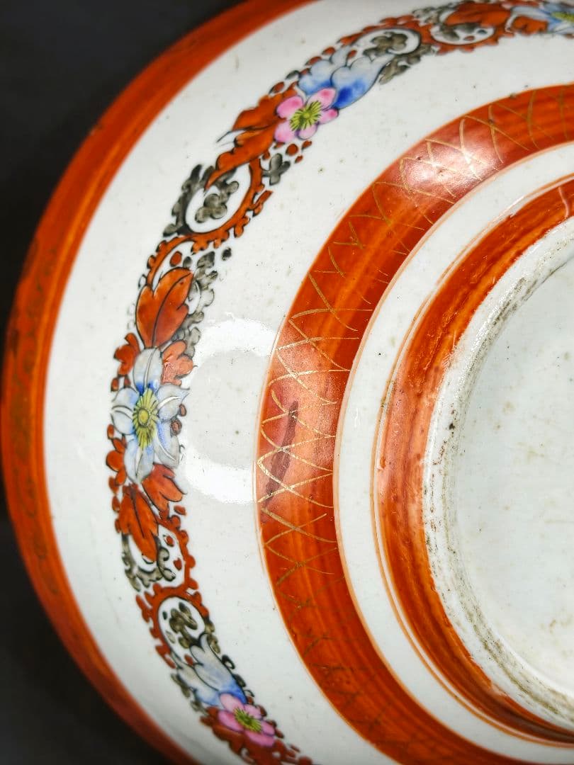 九谷焼 赤絵ボール 風景人物図 手描き 明治骨董 古美術 旧家蔵出 蒐集家放出