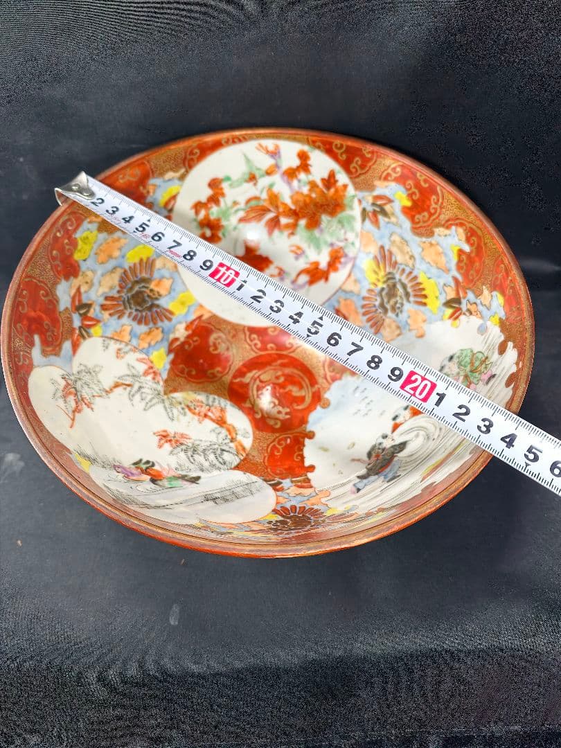 九谷焼 赤絵ボール 風景人物図 手描き 明治骨董 古美術 旧家蔵出 蒐集家放出