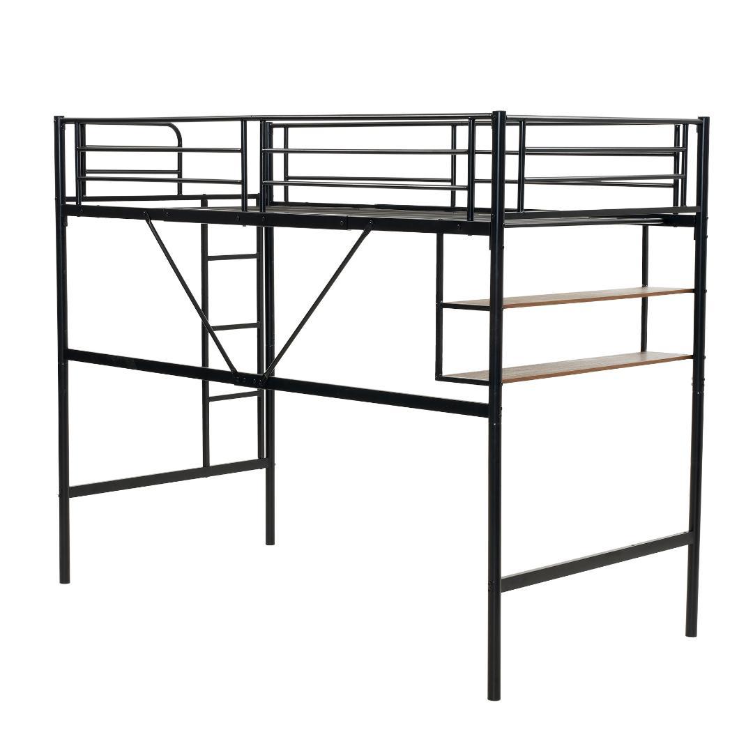 【ブラック】ロフトベッド パイプベッド サイド棚付き シングルベッド 木 収納