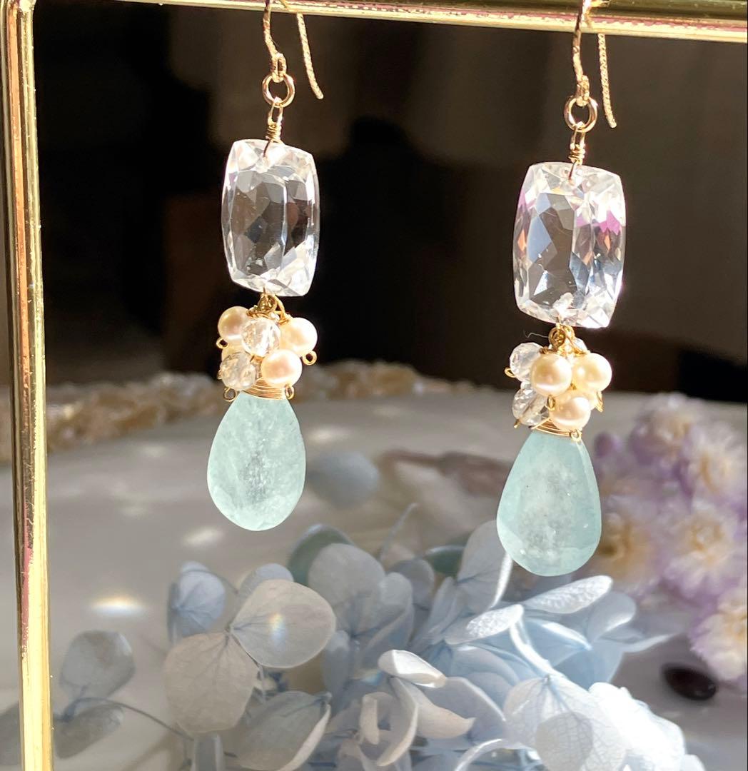 じばにゃん◆宝石質水晶×シンデレラアクアマリン×淡水パールピアス