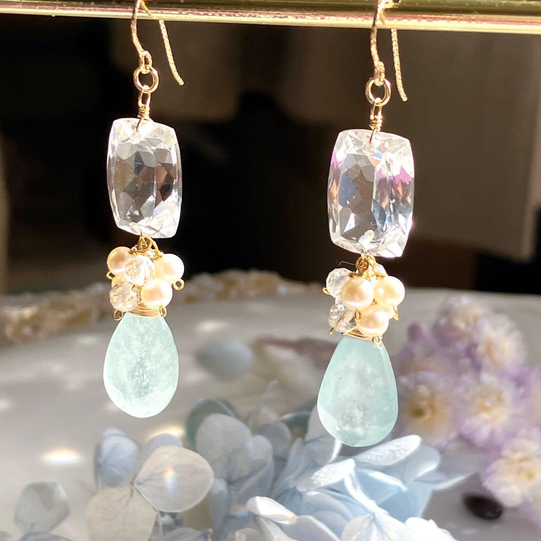 じばにゃん◆宝石質水晶×シンデレラアクアマリン×淡水パールピアス