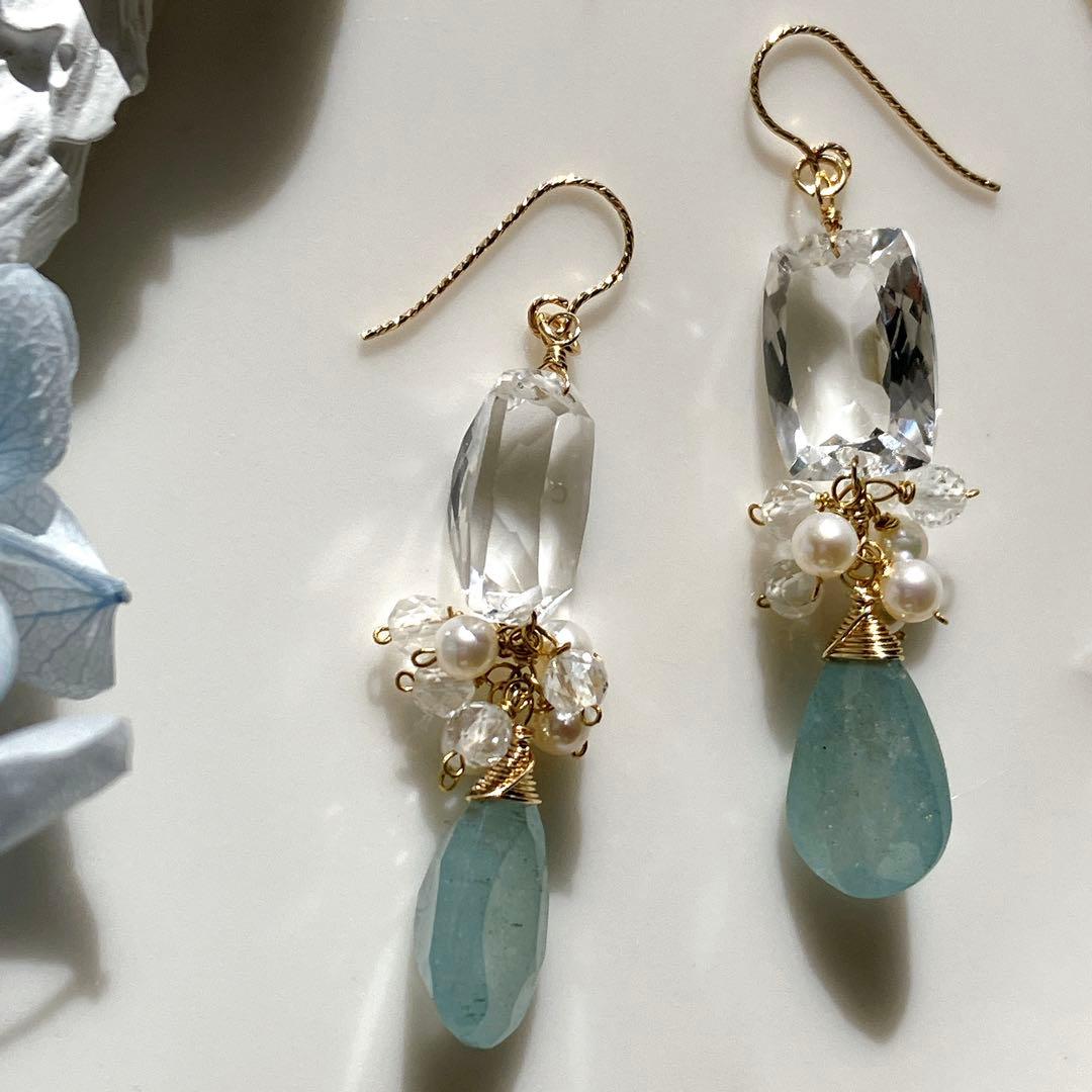 じばにゃん◆宝石質水晶×シンデレラアクアマリン×淡水パールピアス