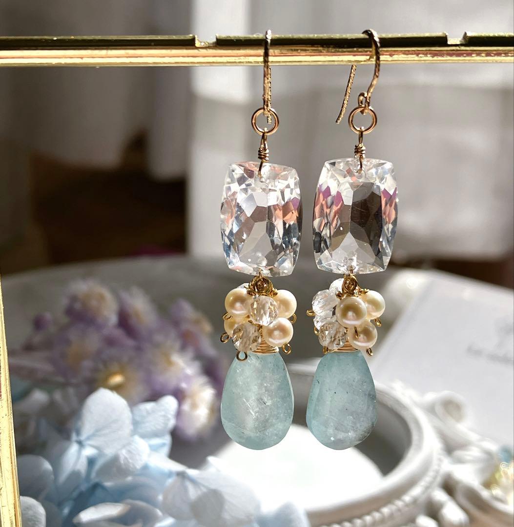 じばにゃん◆宝石質水晶×シンデレラアクアマリン×淡水パールピアス