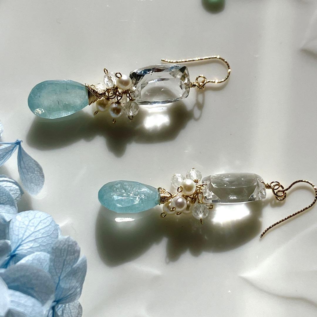 じばにゃん◆宝石質水晶×シンデレラアクアマリン×淡水パールピアス