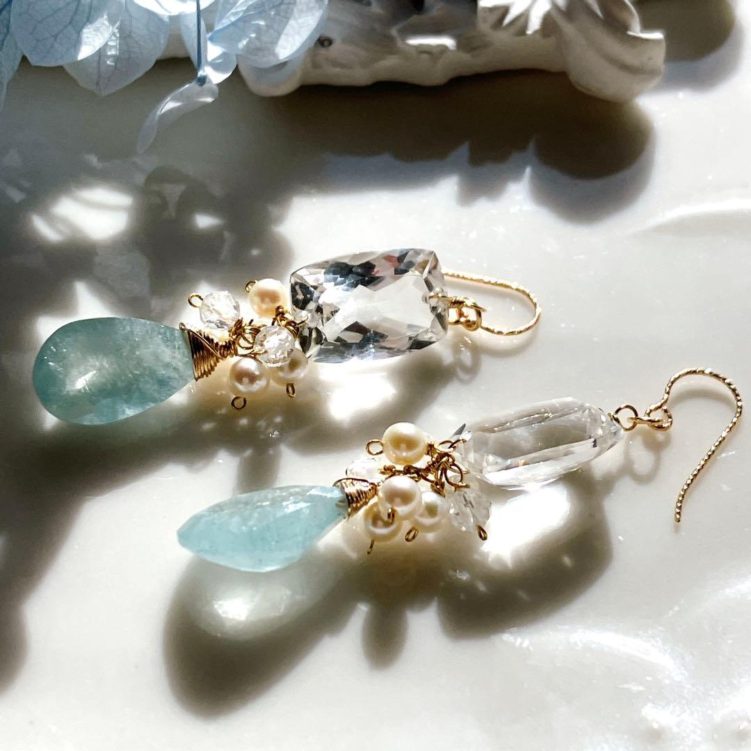 じばにゃん◆宝石質水晶×シンデレラアクアマリン×淡水パールピアス