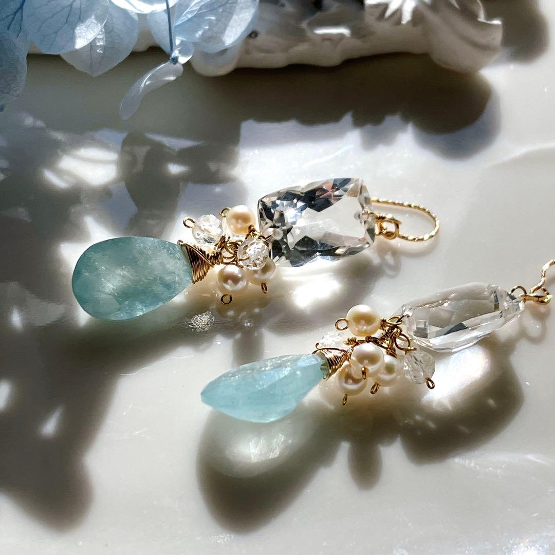 じばにゃん◆宝石質水晶×シンデレラアクアマリン×淡水パールピアス