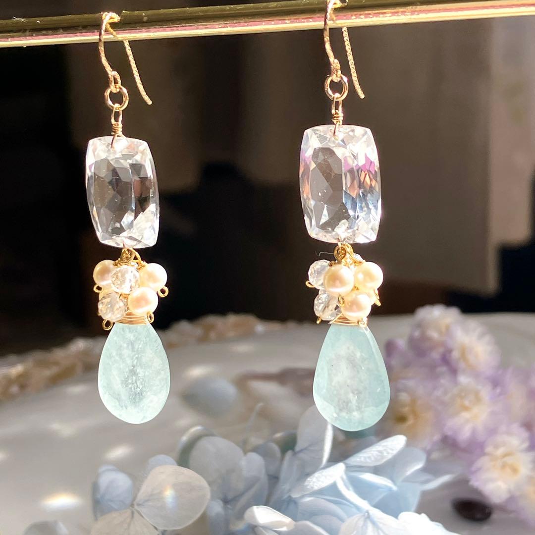 じばにゃん◆宝石質水晶×シンデレラアクアマリン×淡水パールピアス