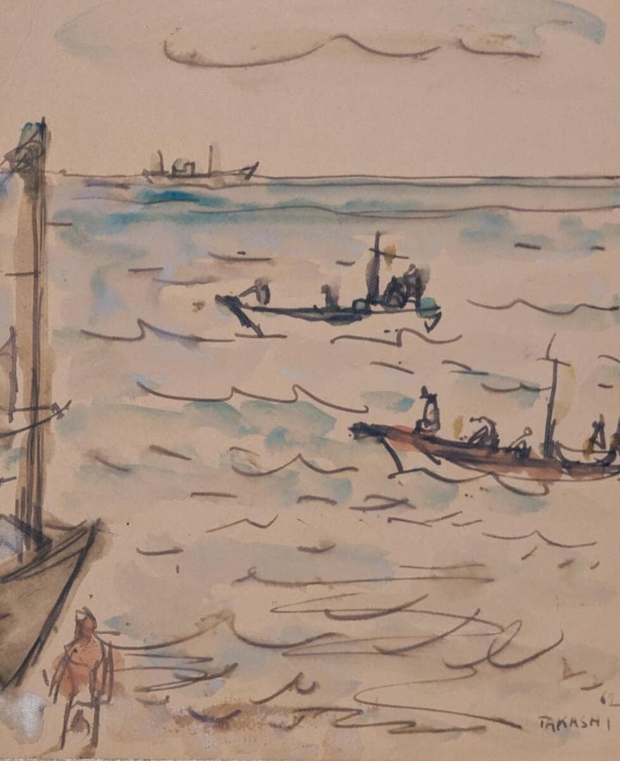 【真作】絵画　水彩（色紙）　漁船の見える浜辺　淡彩スケッチ風風景画　Z154