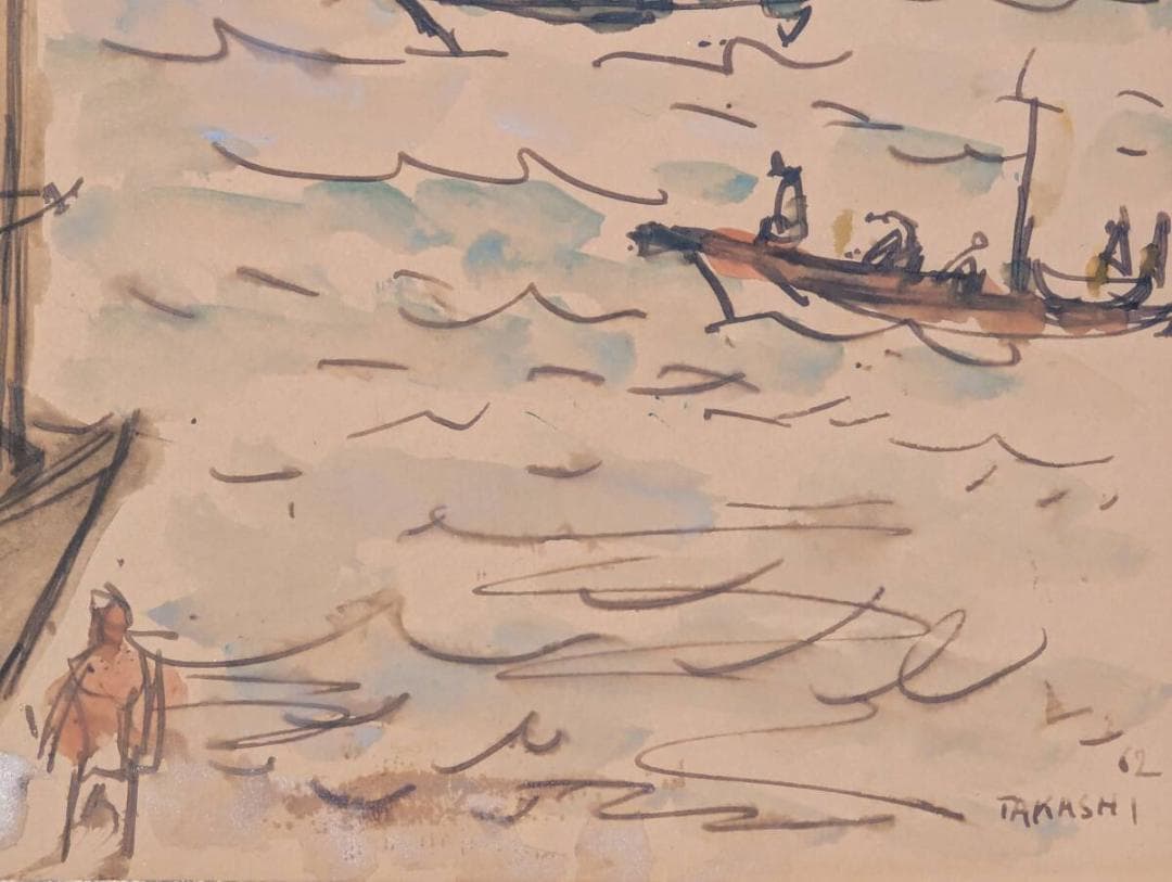 【真作】絵画　水彩（色紙）　漁船の見える浜辺　淡彩スケッチ風風景画　Z154