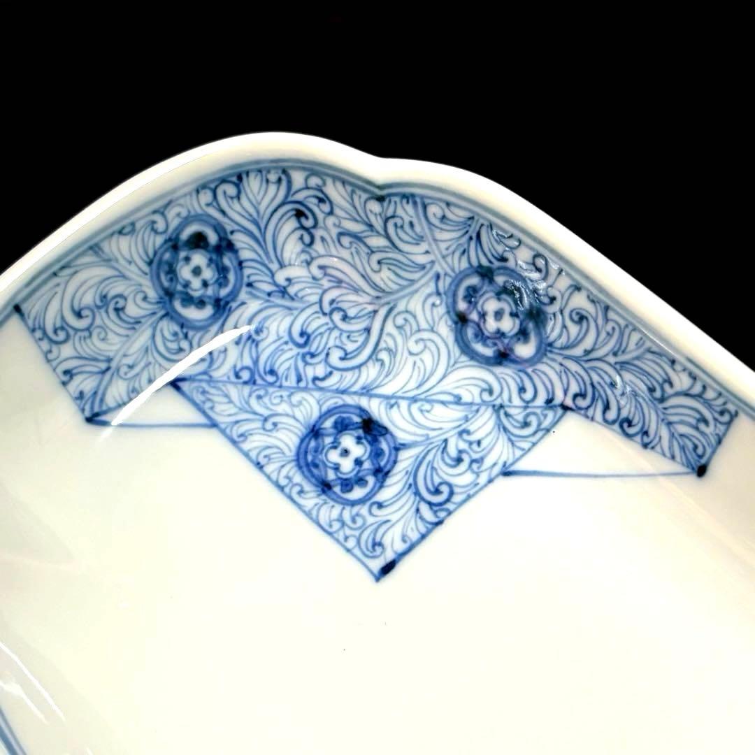 中古美品✨九谷焼 宮内庁御用達 長左窯 青華祥瑞小紋 輪花長皿✨中皿 山本長左