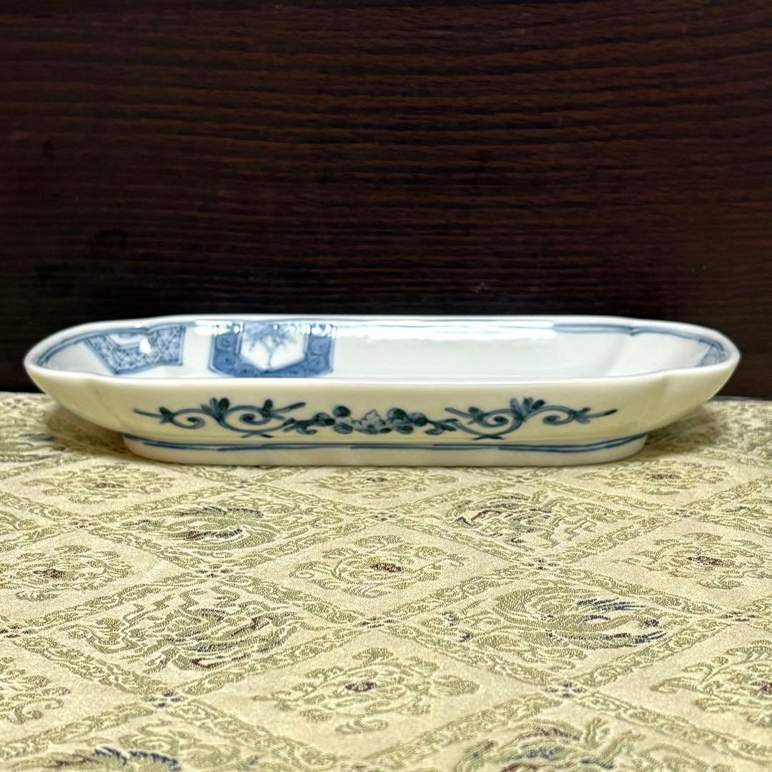 中古美品✨九谷焼 宮内庁御用達 長左窯 青華祥瑞小紋 輪花長皿✨中皿 山本長左