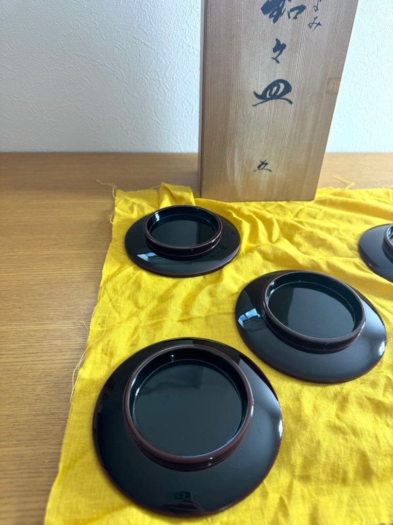 380越前漆器　窪田嘉晴作　花ごよみ　銘々皿　五客組　高台　未使用品　共箱