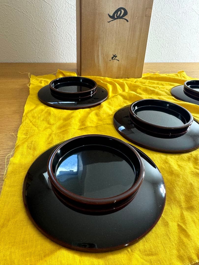 380越前漆器　窪田嘉晴作　花ごよみ　銘々皿　五客組　高台　未使用品　共箱