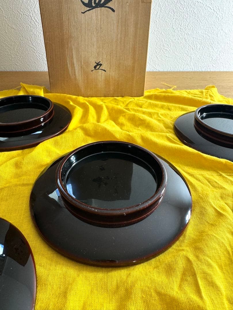 380越前漆器　窪田嘉晴作　花ごよみ　銘々皿　五客組　高台　未使用品　共箱