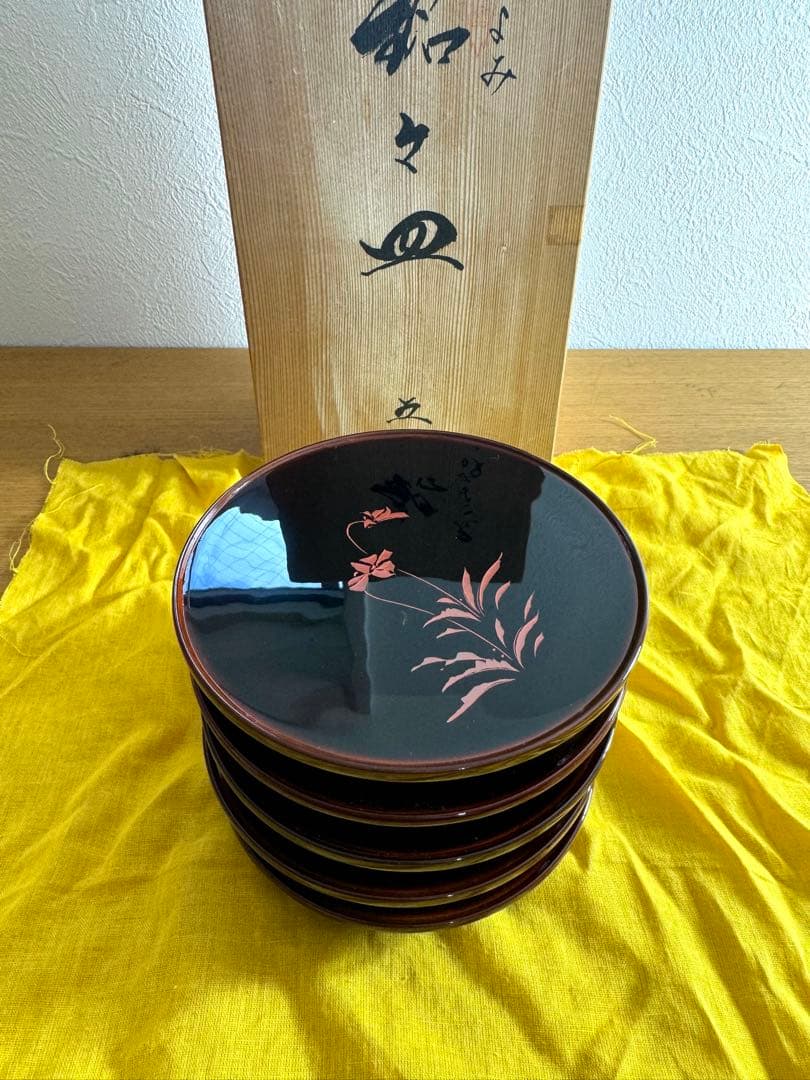 380越前漆器　窪田嘉晴作　花ごよみ　銘々皿　五客組　高台　未使用品　共箱