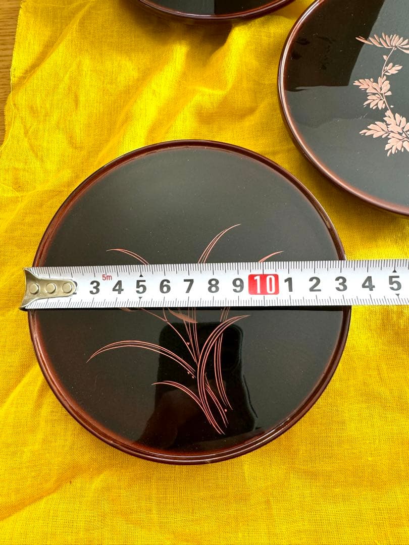 380越前漆器　窪田嘉晴作　花ごよみ　銘々皿　五客組　高台　未使用品　共箱