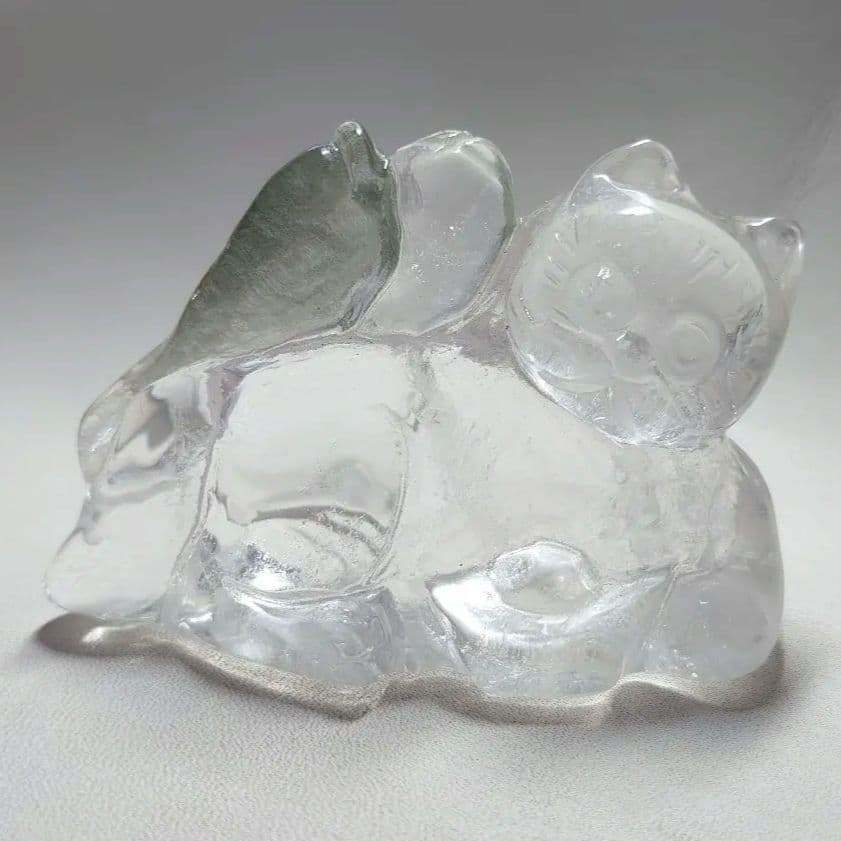 手彫り！貴重　水晶　魚を捕った招きねこ　置物　素敵な逸品